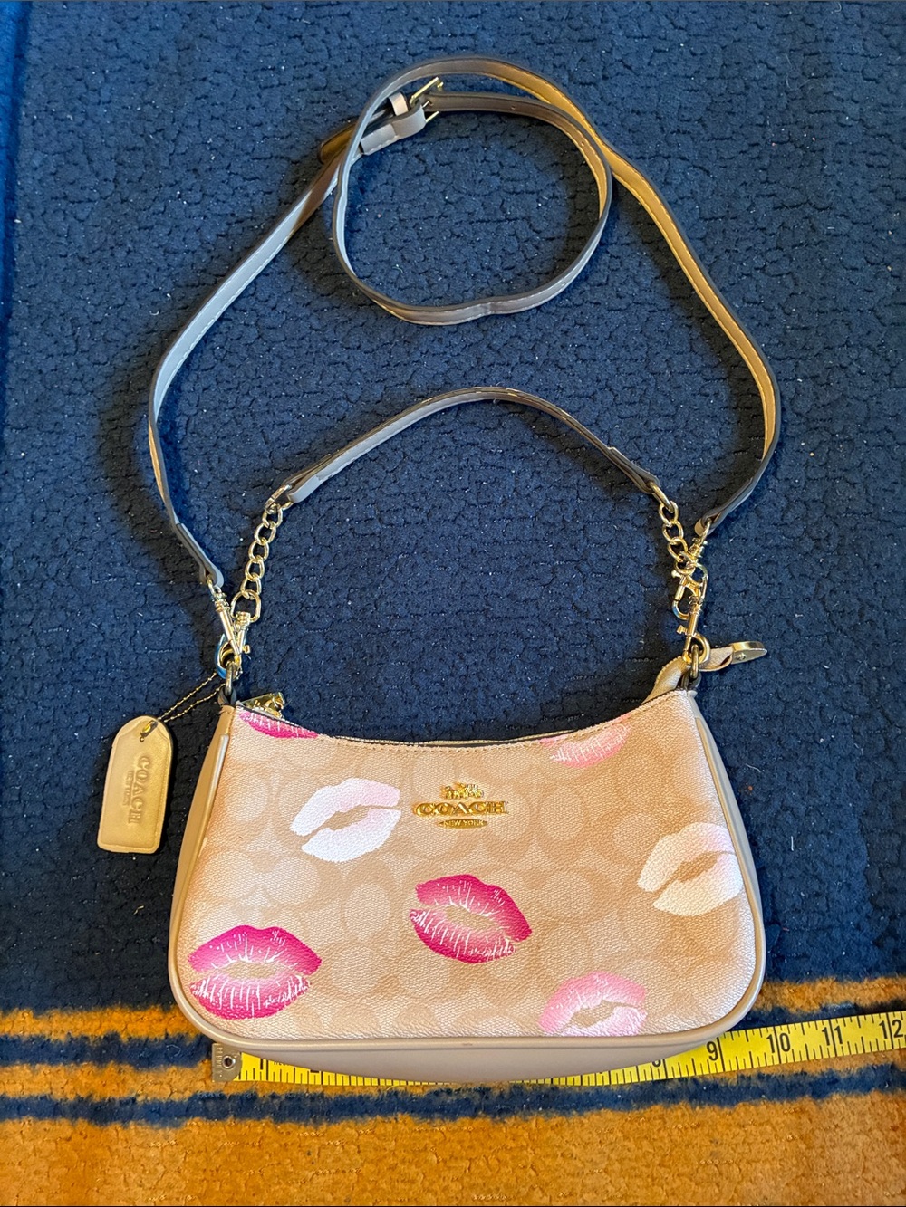 Coach Y2K Beige Signature Canvas Crossbody with Pink Kiss Print